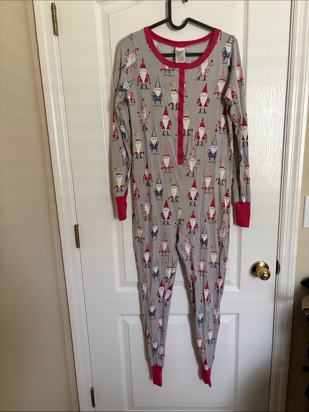 munki munki Gray and Pink Christmas Gnome Print One-Piece Pajamas Button down